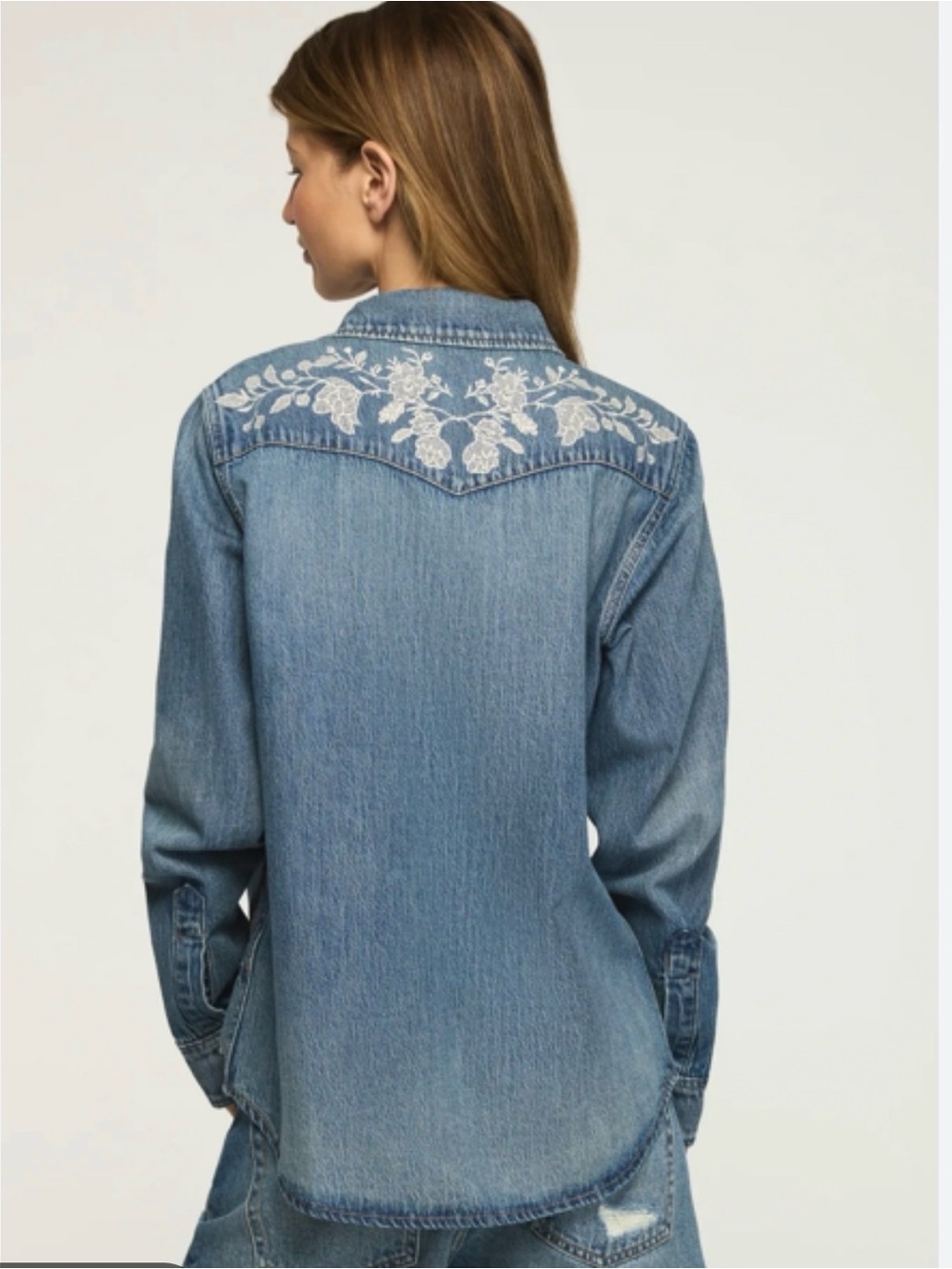 Japna Light Blue Denim Shirt with White Floral Embroidery